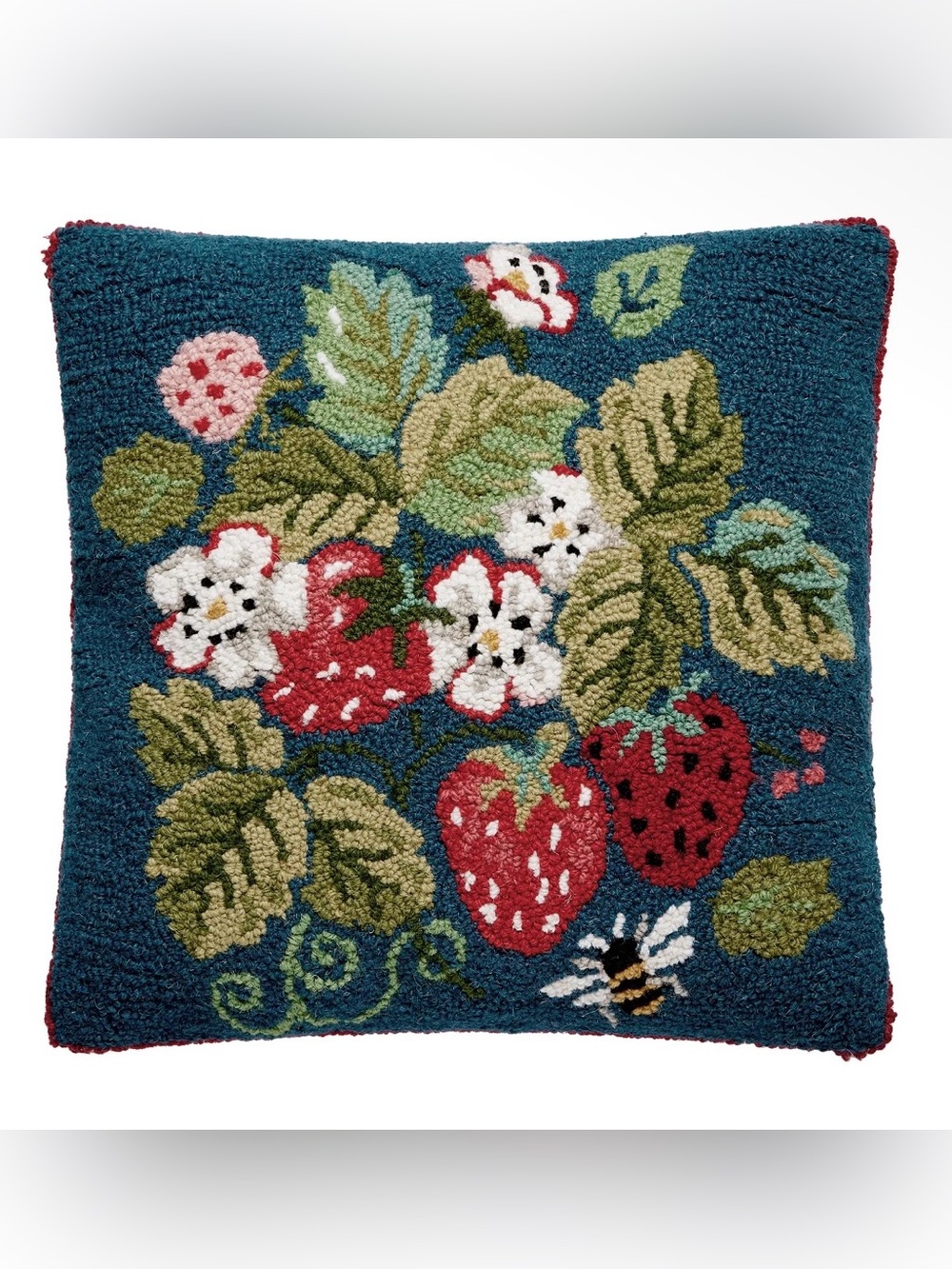 Vintage Strawberries Wool Hooked Pillow